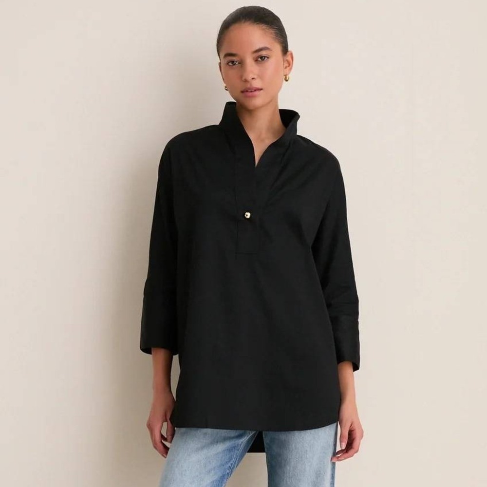 Tuckernuck Black Willow Blouse V-Neck Tunic Gold Button Oversized Shirt Women XL